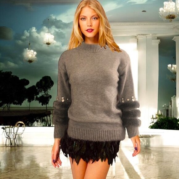 CLICHE Rhinestone and Fuzzy Faux Fur Embellished Cuffs Gray Sweater SIZE S - Picture 2 of 4